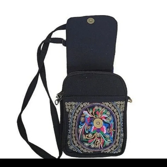 Fair Trade Bohemian Gypsy Floral Lotus Embroidered Shoulder Passport Embroid Bag - Picture 2 of 6